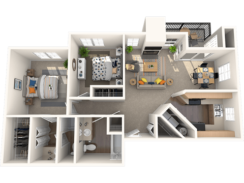 Floor plan for 2 beds, 2 baths, 1017 sqft